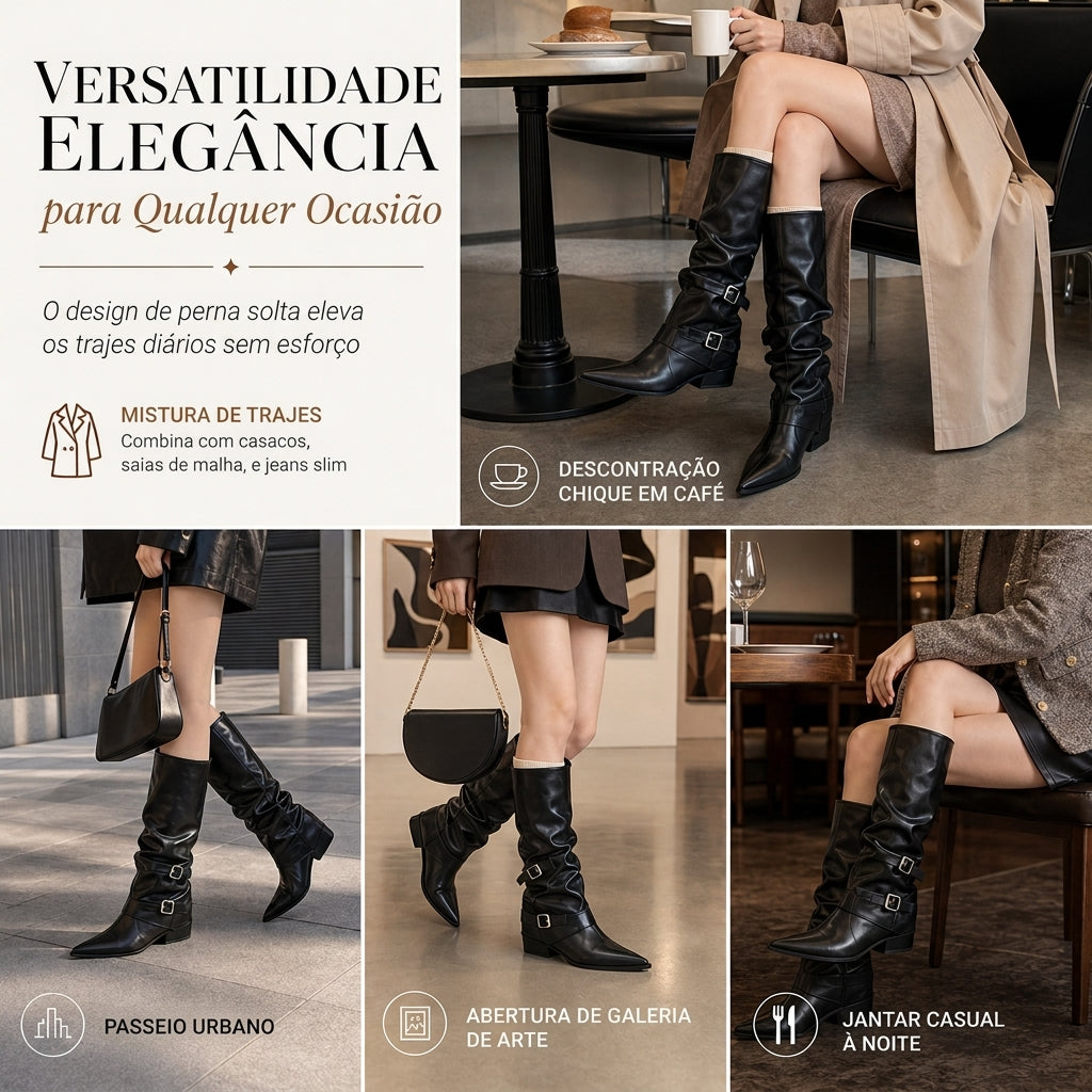 Botas altas de joelho de couro macio para mulheres, ponta bico, cano desleixado e salto bloco grosso