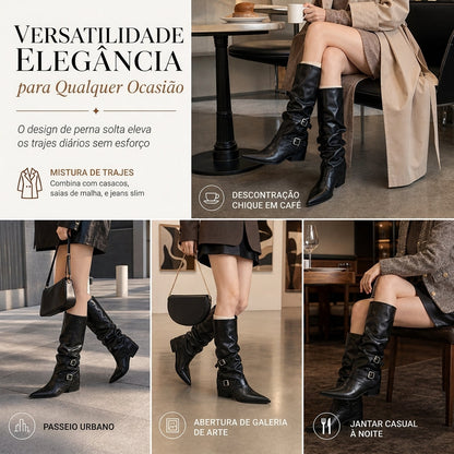 Botas altas de joelho de couro macio para mulheres, ponta bico, cano desleixado e salto bloco grosso