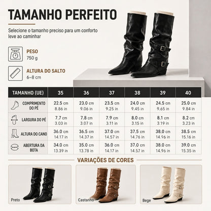 Botas altas de joelho de couro macio para mulheres, ponta bico, cano desleixado e salto bloco grosso