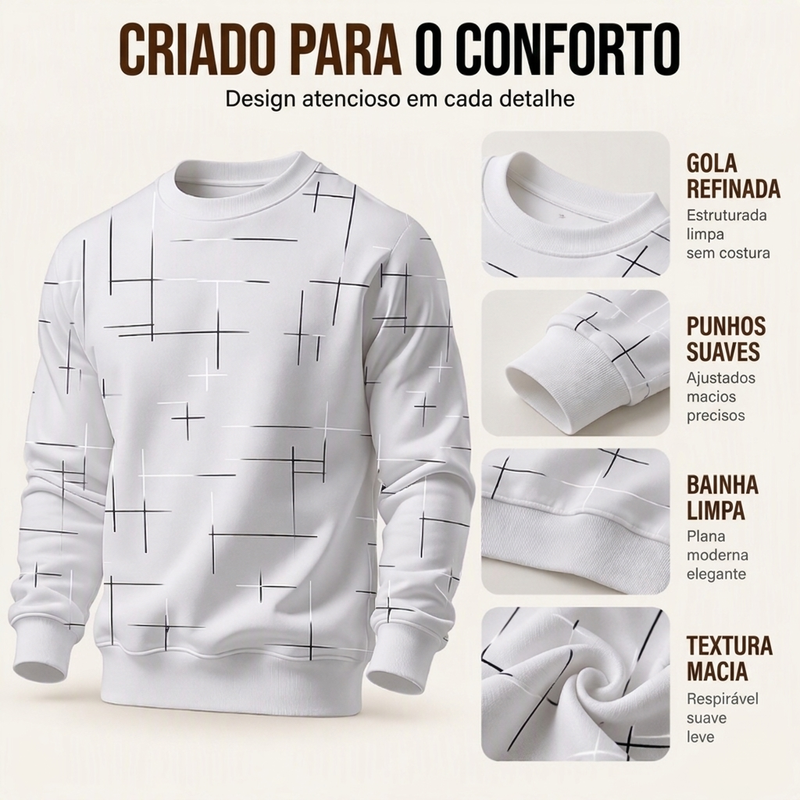 Moletom Casual Gola Redonda com Estampa de Listras para Homem