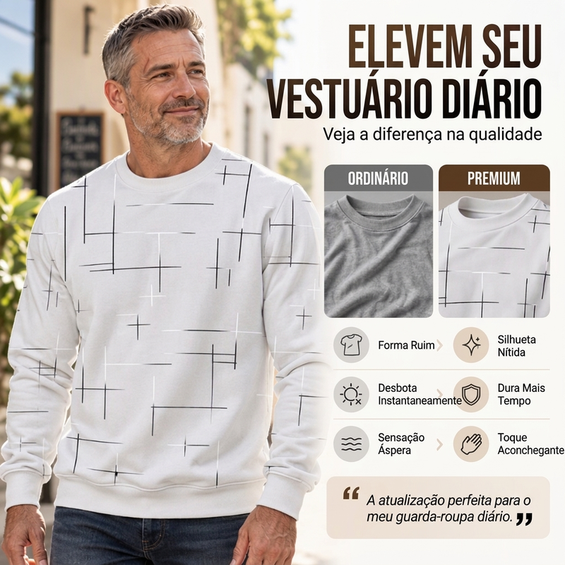 Moletom Casual Gola Redonda com Estampa de Listras para Homem