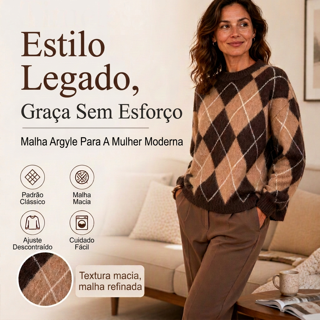 ⏰ Último Dia de Promoção – 50% DE DESCONTO ✨Suéter de Tricô Confortável Feminino com Padrão Retro Argyle