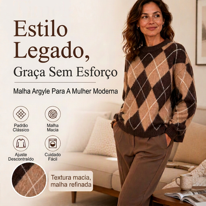 ⏰ Último Dia de Promoção – 50% DE DESCONTO ✨Suéter de Tricô Confortável Feminino com Padrão Retro Argyle