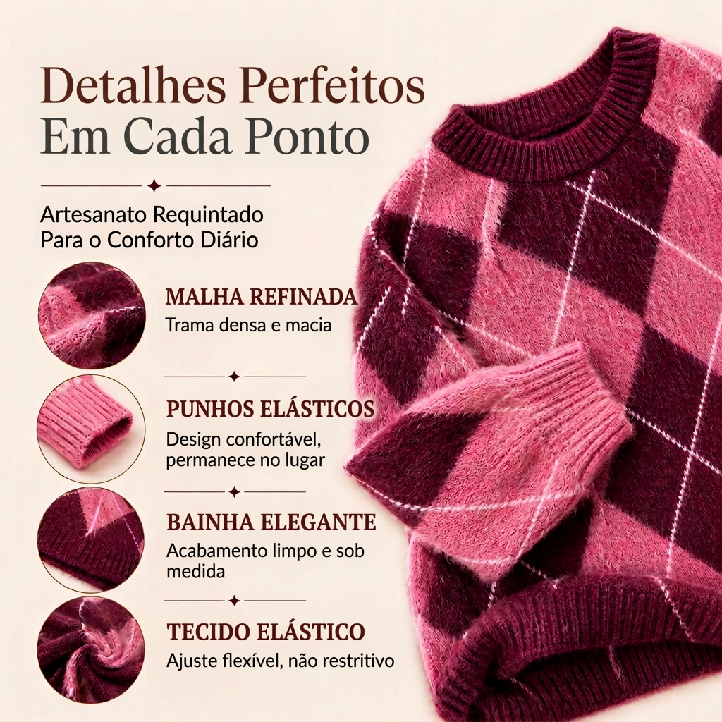 ⏰ Último Dia de Promoção – 50% DE DESCONTO ✨Suéter de Tricô Confortável Feminino com Padrão Retro Argyle