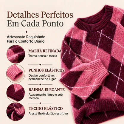 ⏰ Último Dia de Promoção – 50% DE DESCONTO ✨Suéter de Tricô Confortável Feminino com Padrão Retro Argyle