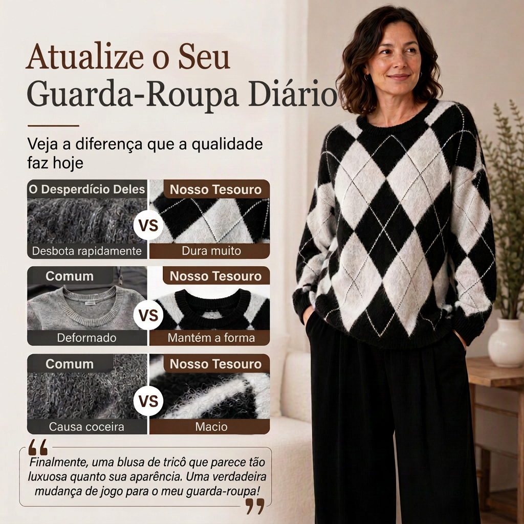 ⏰ Último Dia de Promoção – 50% DE DESCONTO ✨Suéter de Tricô Confortável Feminino com Padrão Retro Argyle