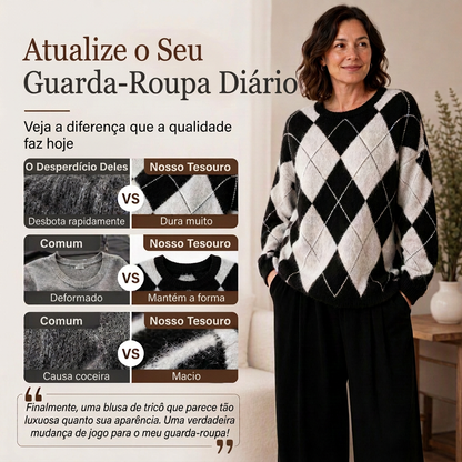 ⏰ Último Dia de Promoção – 50% DE DESCONTO ✨Suéter de Tricô Confortável Feminino com Padrão Retro Argyle