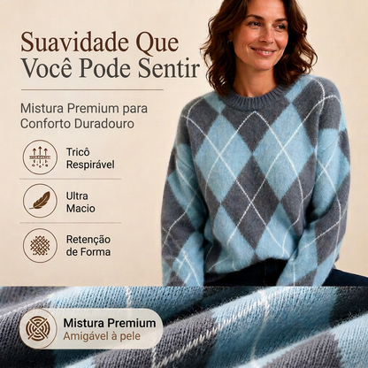 ⏰ Último Dia de Promoção – 50% DE DESCONTO ✨Suéter de Tricô Confortável Feminino com Padrão Retro Argyle