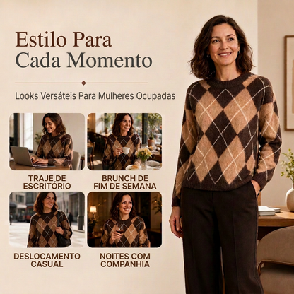 ⏰ Último Dia de Promoção – 50% DE DESCONTO ✨Suéter de Tricô Confortável Feminino com Padrão Retro Argyle