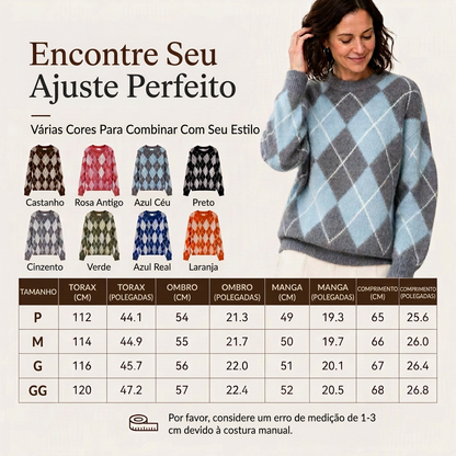 ⏰ Último Dia de Promoção – 50% DE DESCONTO ✨Suéter de Tricô Confortável Feminino com Padrão Retro Argyle