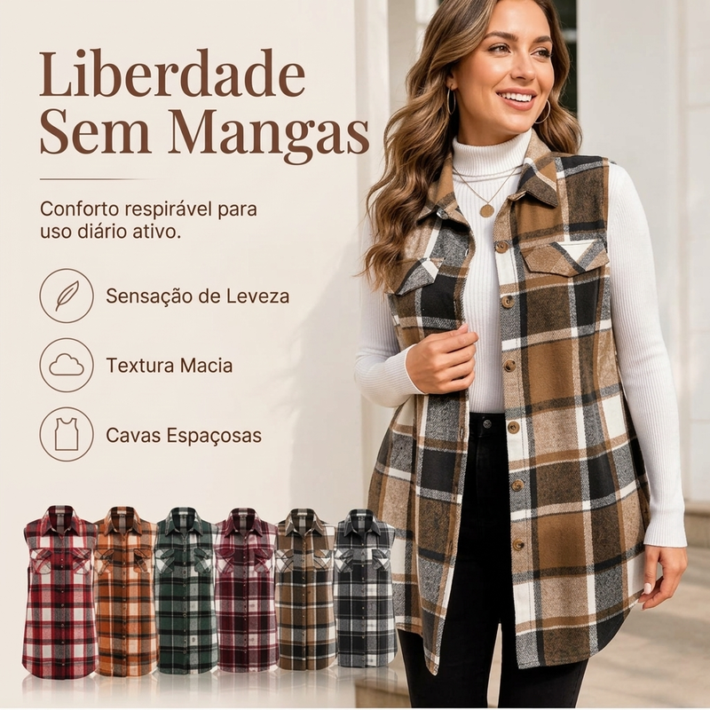 Camisa colete xadrez feminina com botões e bolsos