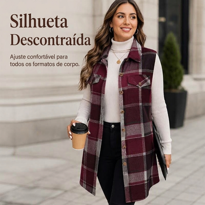 Camisa colete xadrez feminina com botões e bolsos