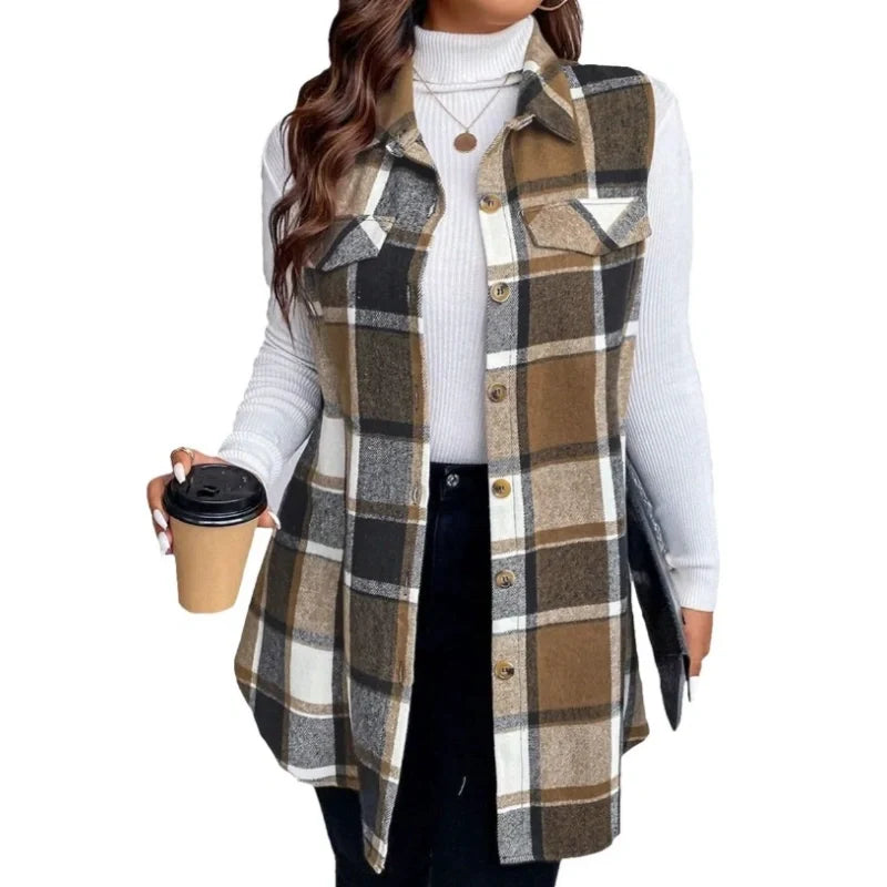 Camisa colete xadrez feminina com botões e bolsos