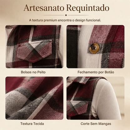 Camisa colete xadrez feminina com botões e bolsos