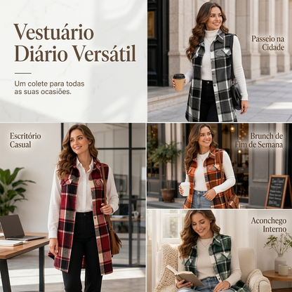 Camisa colete xadrez feminina com botões e bolsos
