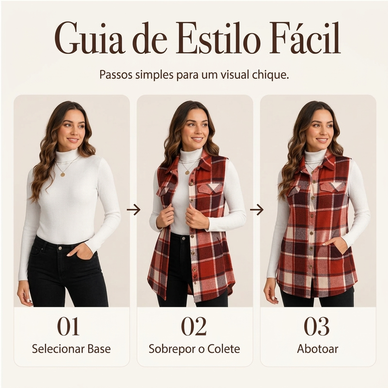 Camisa colete xadrez feminina com botões e bolsos