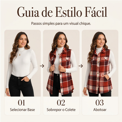 Camisa colete xadrez feminina com botões e bolsos