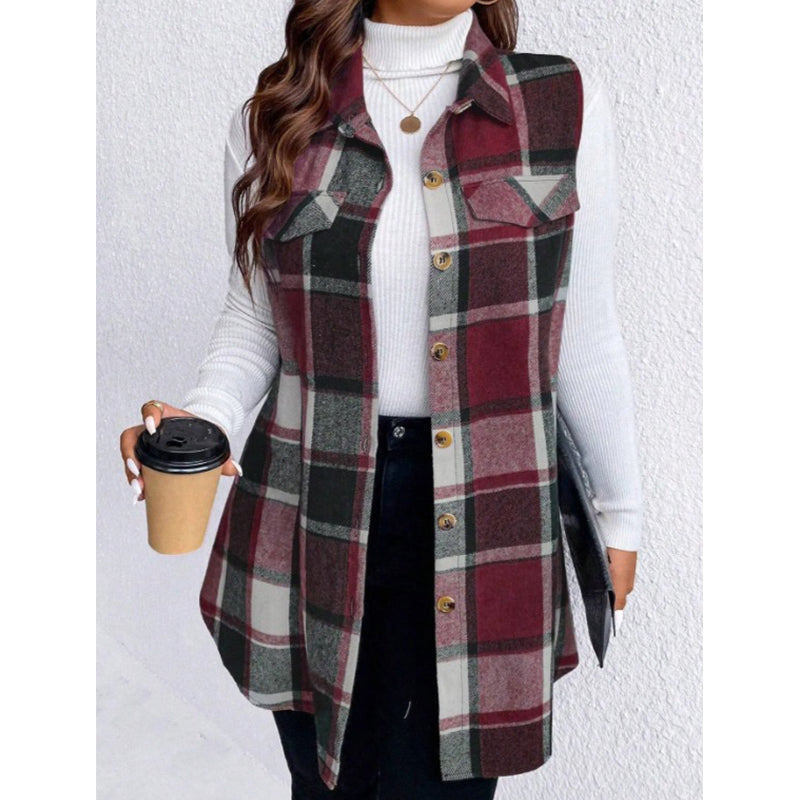 Camisa colete xadrez feminina com botões e bolsos
