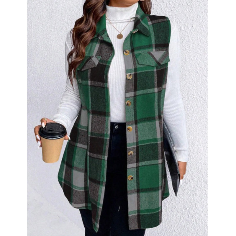 Camisa colete xadrez feminina com botões e bolsos