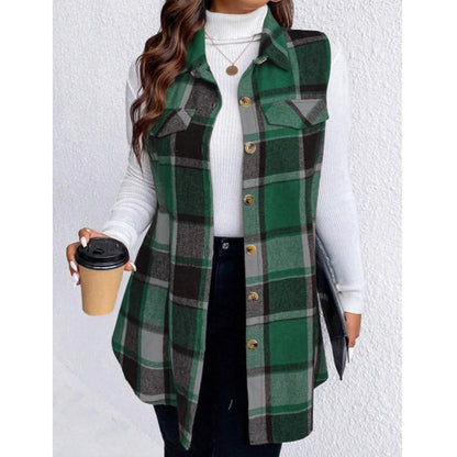 Camisa colete xadrez feminina com botões e bolsos