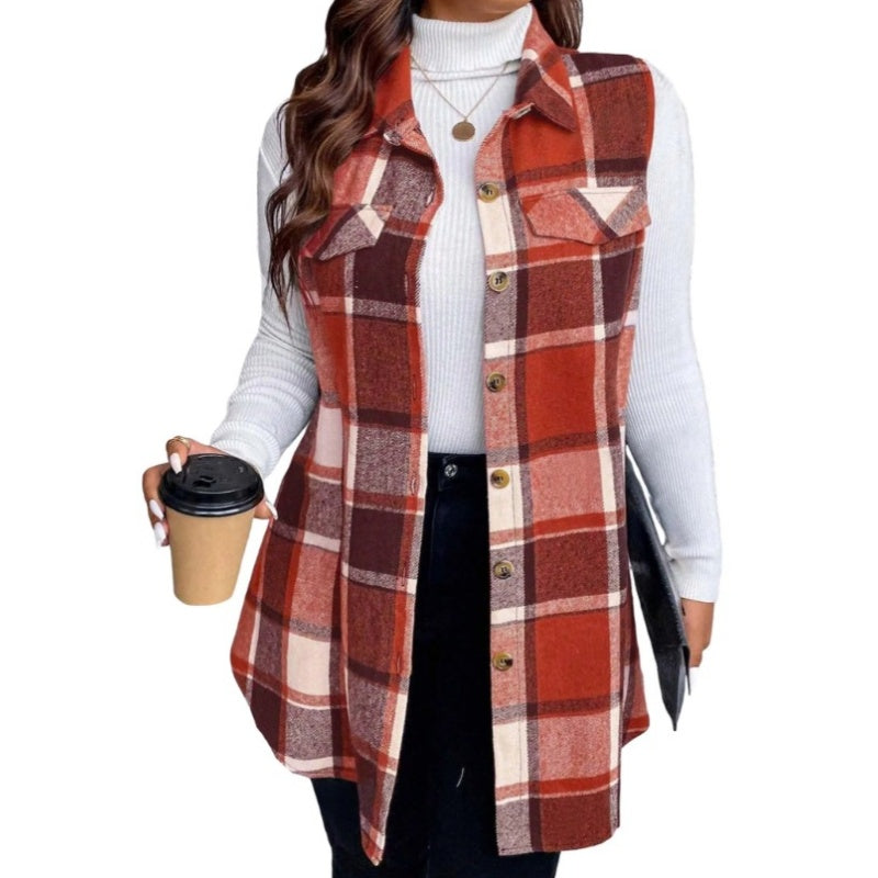 Camisa colete xadrez feminina com botões e bolsos