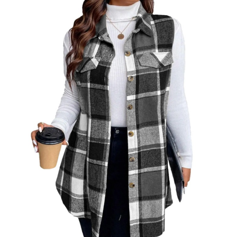 Camisa colete xadrez feminina com botões e bolsos