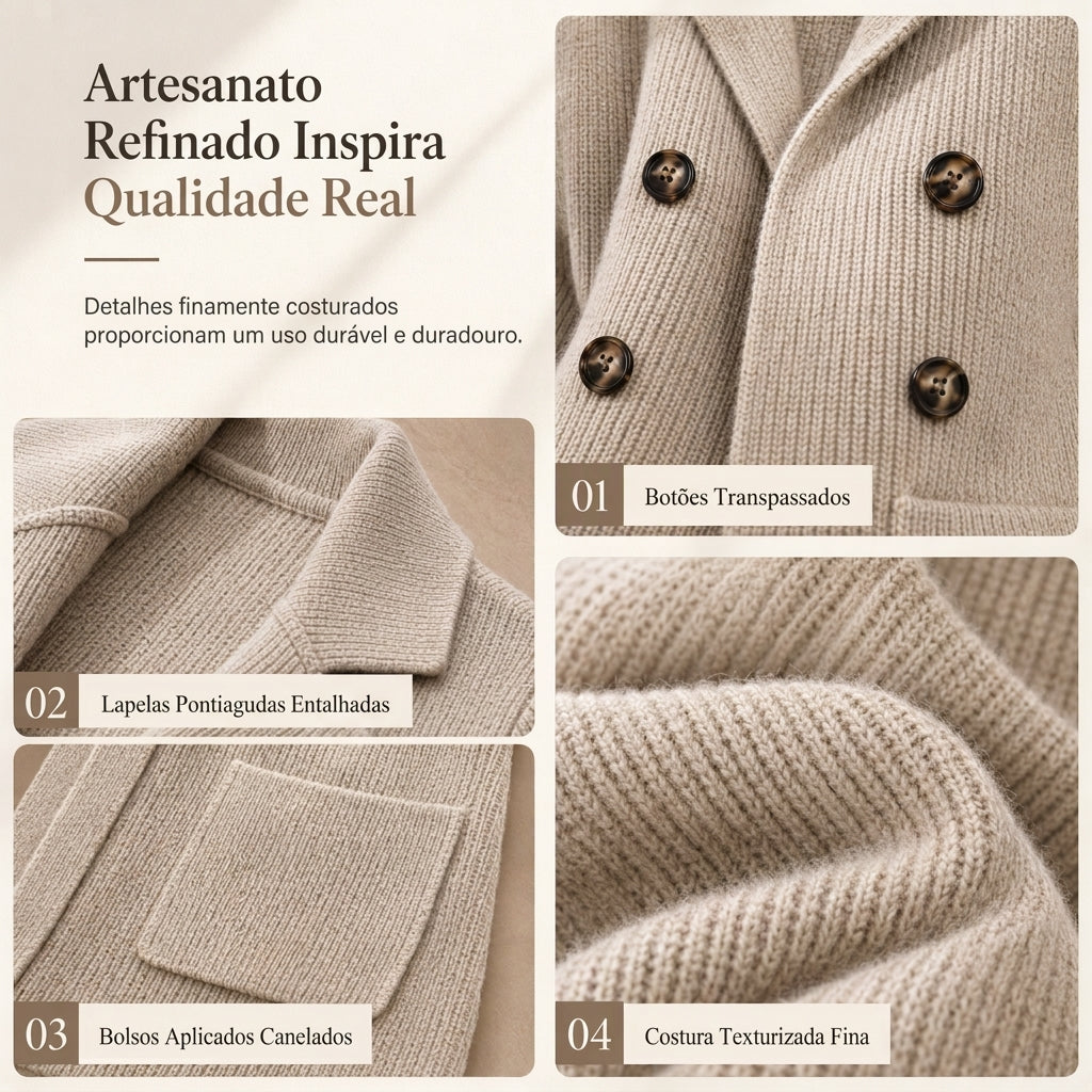 Cardigan de Tricô Canelado Duplo Peito para Mulheres com Bolsos e Gola de Lapela