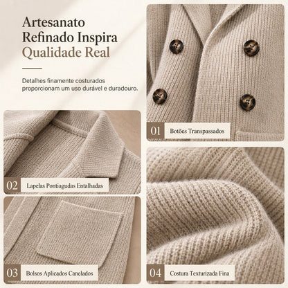 Cardigan de Tricô Canelado Duplo Peito para Mulheres com Bolsos e Gola de Lapela