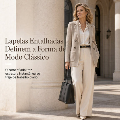 Cardigan de Tricô Canelado Duplo Peito para Mulheres com Bolsos e Gola de Lapela
