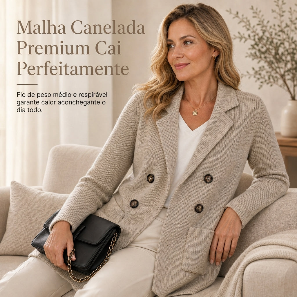 Cardigan de Tricô Canelado Duplo Peito para Mulheres com Bolsos e Gola de Lapela