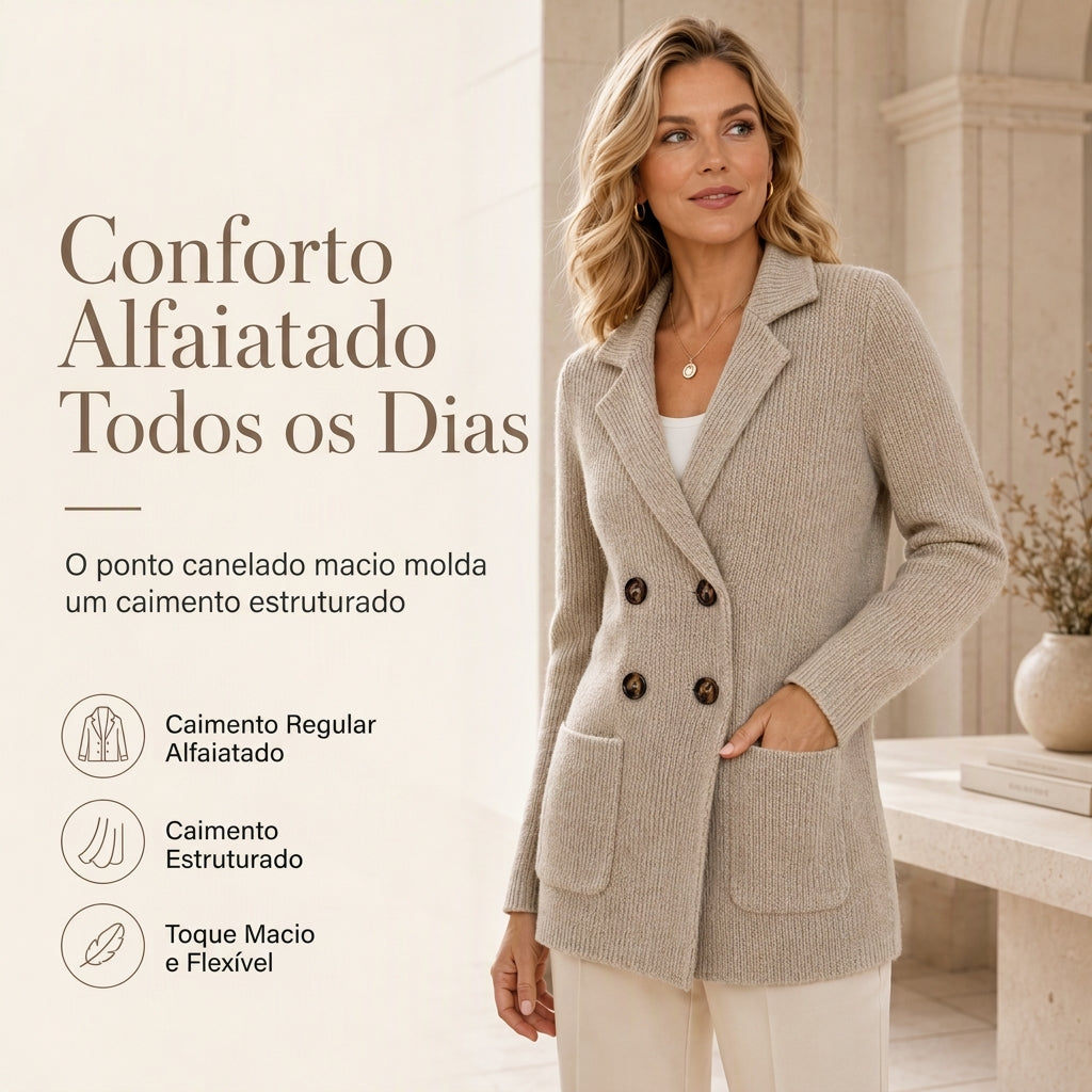 Cardigan de Tricô Canelado Duplo Peito para Mulheres com Bolsos e Gola de Lapela