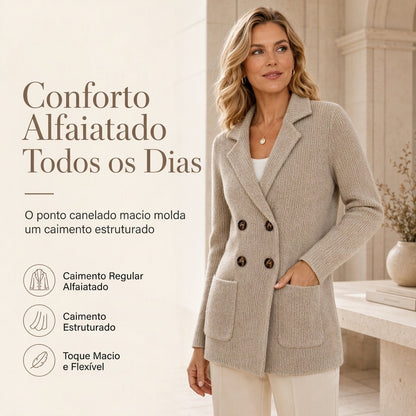 Cardigan de Tricô Canelado Duplo Peito para Mulheres com Bolsos e Gola de Lapela