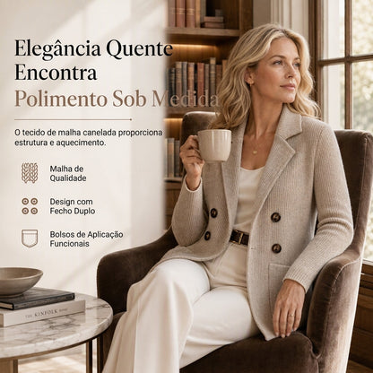 Cardigan de Tricô Canelado Duplo Peito para Mulheres com Bolsos e Gola de Lapela