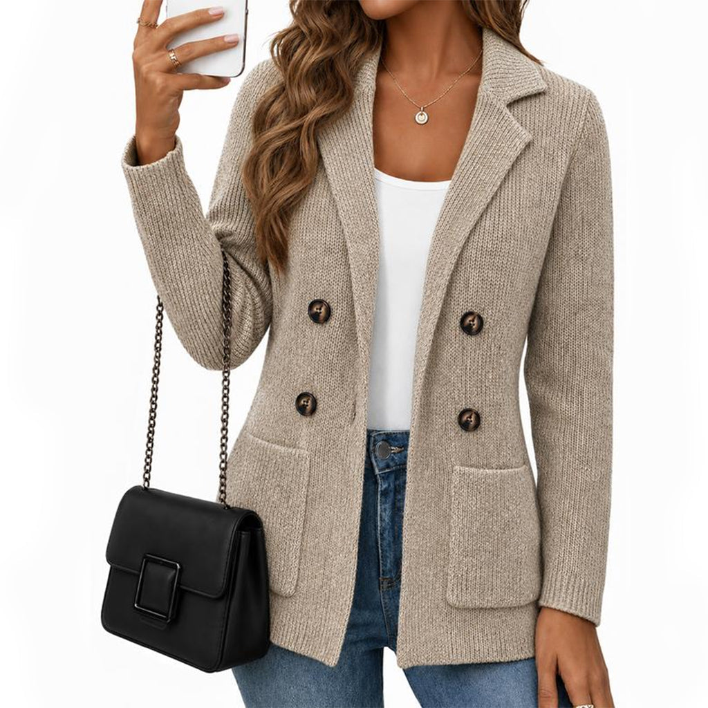 Cardigan de Tricô Canelado Duplo Peito para Mulheres com Bolsos e Gola de Lapela
