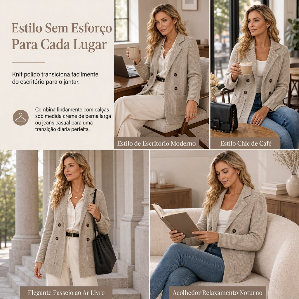 Cardigan de Tricô Canelado Duplo Peito para Mulheres com Bolsos e Gola de Lapela