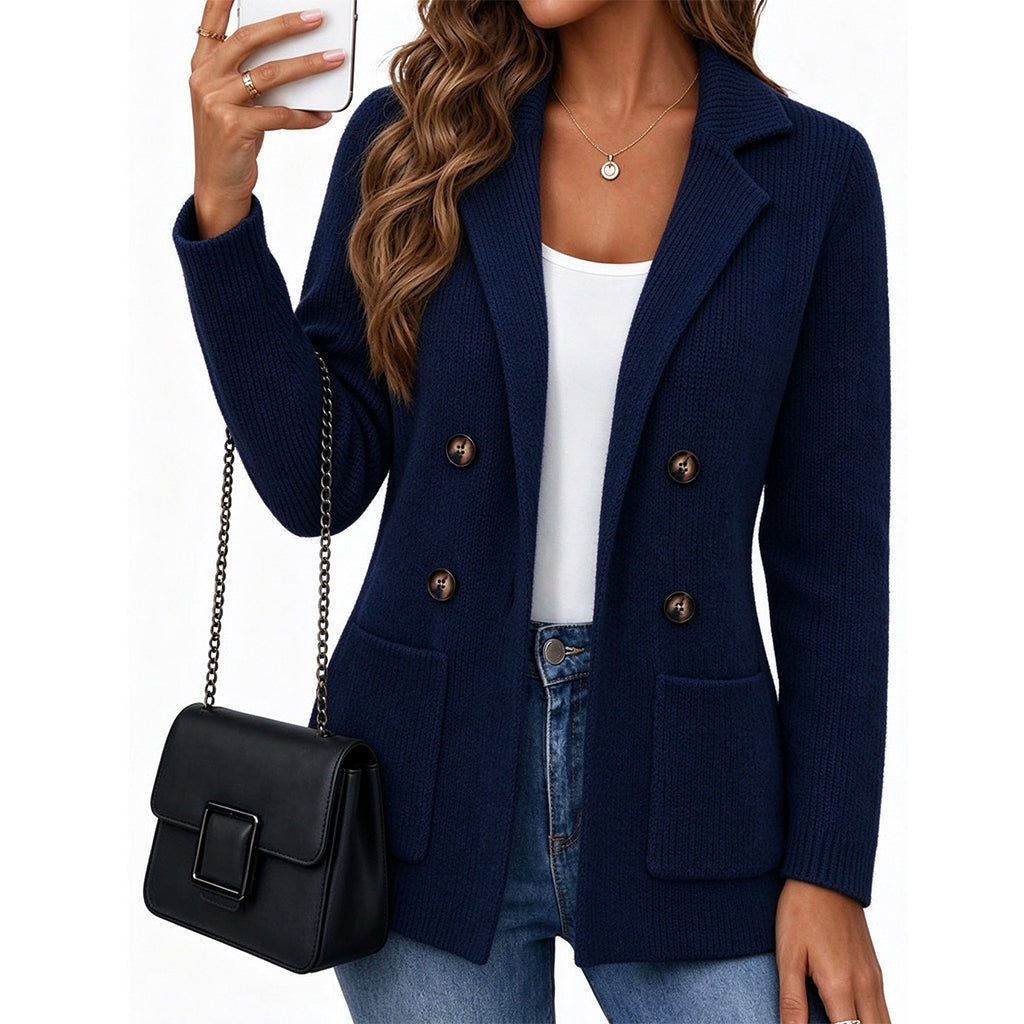 Cardigan de Tricô Canelado Duplo Peito para Mulheres com Bolsos e Gola de Lapela