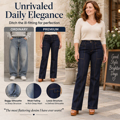 Calça Jeans Feminina de Cintura Alta com Costuras em Contraste e Barca Larga