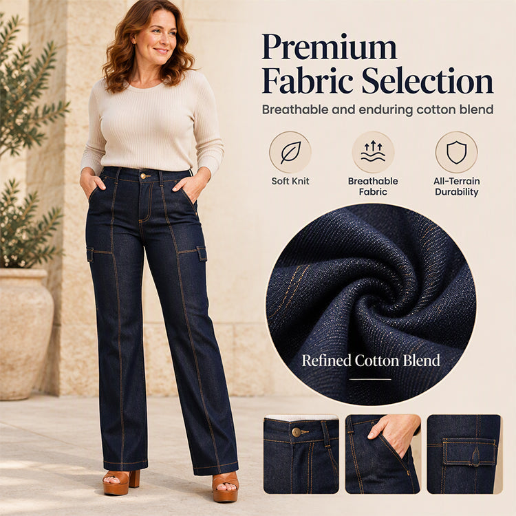 Calça Jeans Feminina de Cintura Alta com Costuras em Contraste e Barca Larga