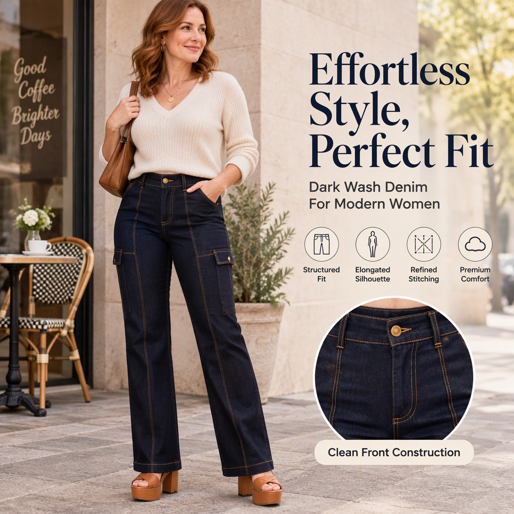 Calça Jeans Feminina de Cintura Alta com Costuras em Contraste e Barca Larga