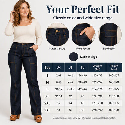 Calça Jeans Feminina de Cintura Alta com Costuras em Contraste e Barca Larga