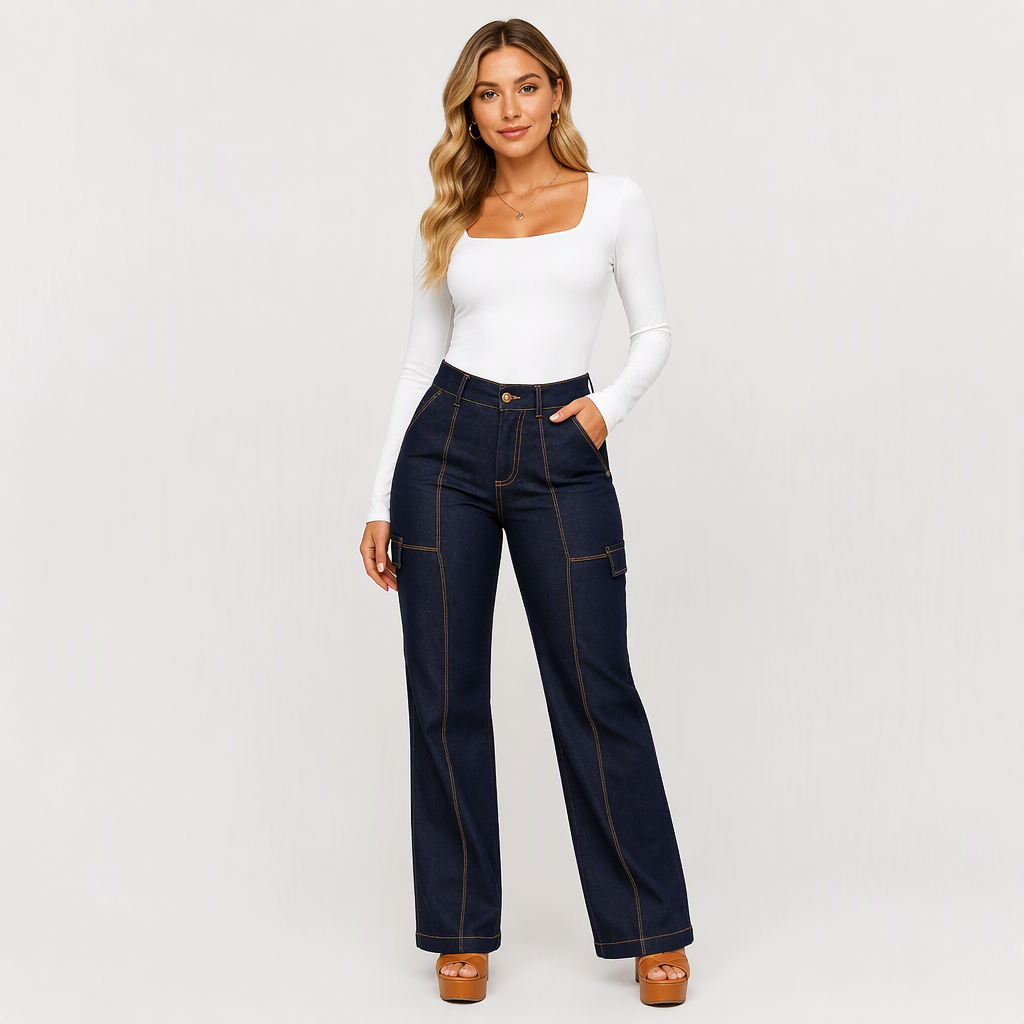 Calça Jeans Feminina de Cintura Alta com Costuras em Contraste e Barca Larga