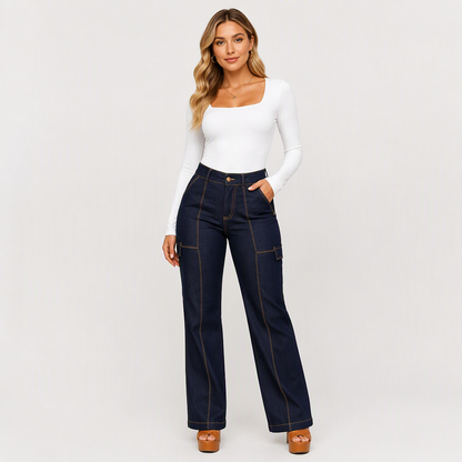 Calça Jeans Feminina de Cintura Alta com Costuras em Contraste e Barca Larga