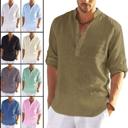 Novedades primavera/verano - Camisa casual de manga larga de hombre de algodón y lino sin arrugas