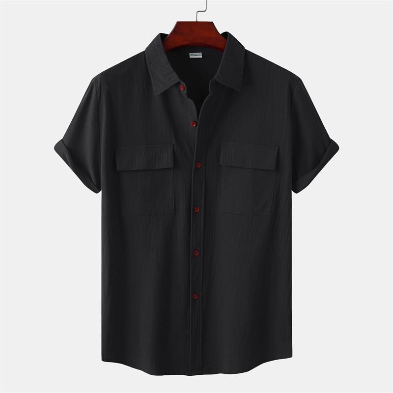 Camisa casual de manga corta de lino y algodón de color liso para hombre