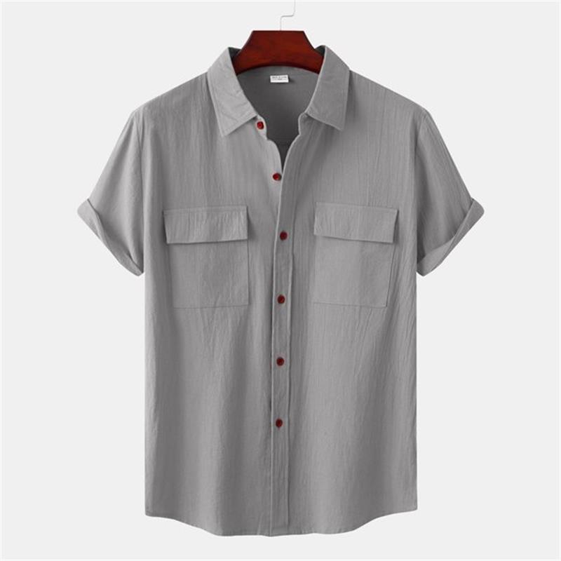 Camisa casual de manga corta de lino y algodón de color liso para hombre