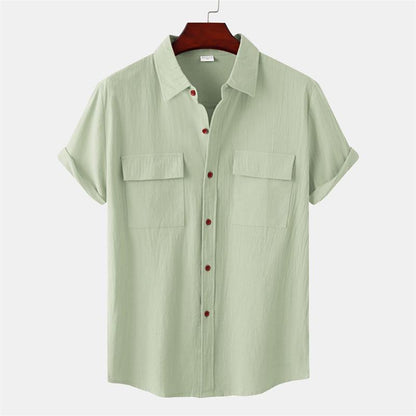 Camisa casual de manga corta de lino y algodón de color liso para hombre