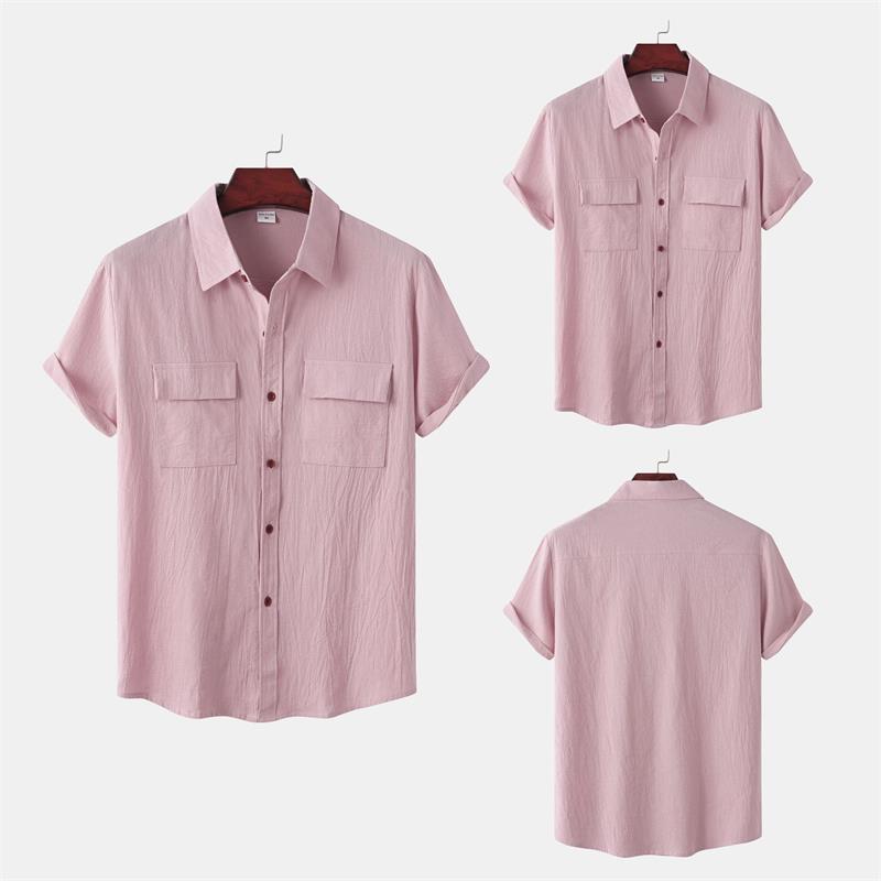 Camisa casual de manga corta de lino y algodón de color liso para hombre