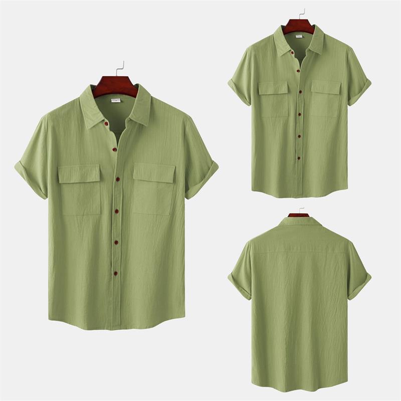 Camisa casual de manga corta de lino y algodón de color liso para hombre