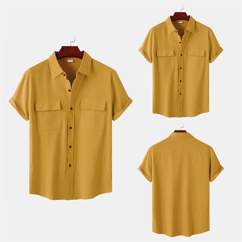 Camisa casual de manga corta de lino y algodón de color liso para hombre