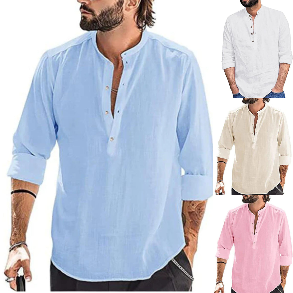 Camisa casual de manga larga de lino y algodón para hombre